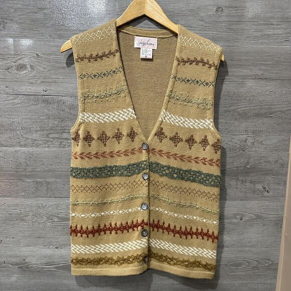 VINTAGE Jaclyn Smith Sweater Women Small Tan Wool Acrylic Vest Cardigan Cottage - Picture 1 of 5